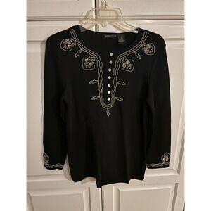 Yarns & Stitches Black Embroidered Button‎ Front Long Sleeve Top Women's Size S